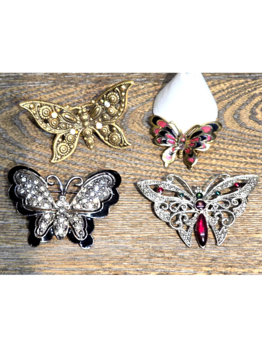 4pc Butterfly Brooch & Pin Lot Art Deco Marcasite Rhinestone Cloisonne